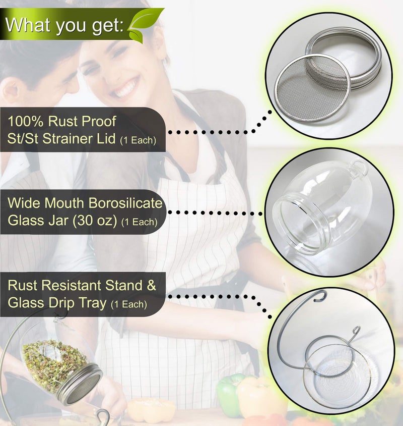 ALCEDIA Premium Sprouting Jar Kit - Unique 30 oz Wide Mouth Sprouting Jar, Stand, Tray and 316 Stainless Screen Lid | Decorative Indoor Seed Sprouter and Germinator (1 Kit) - Image 2